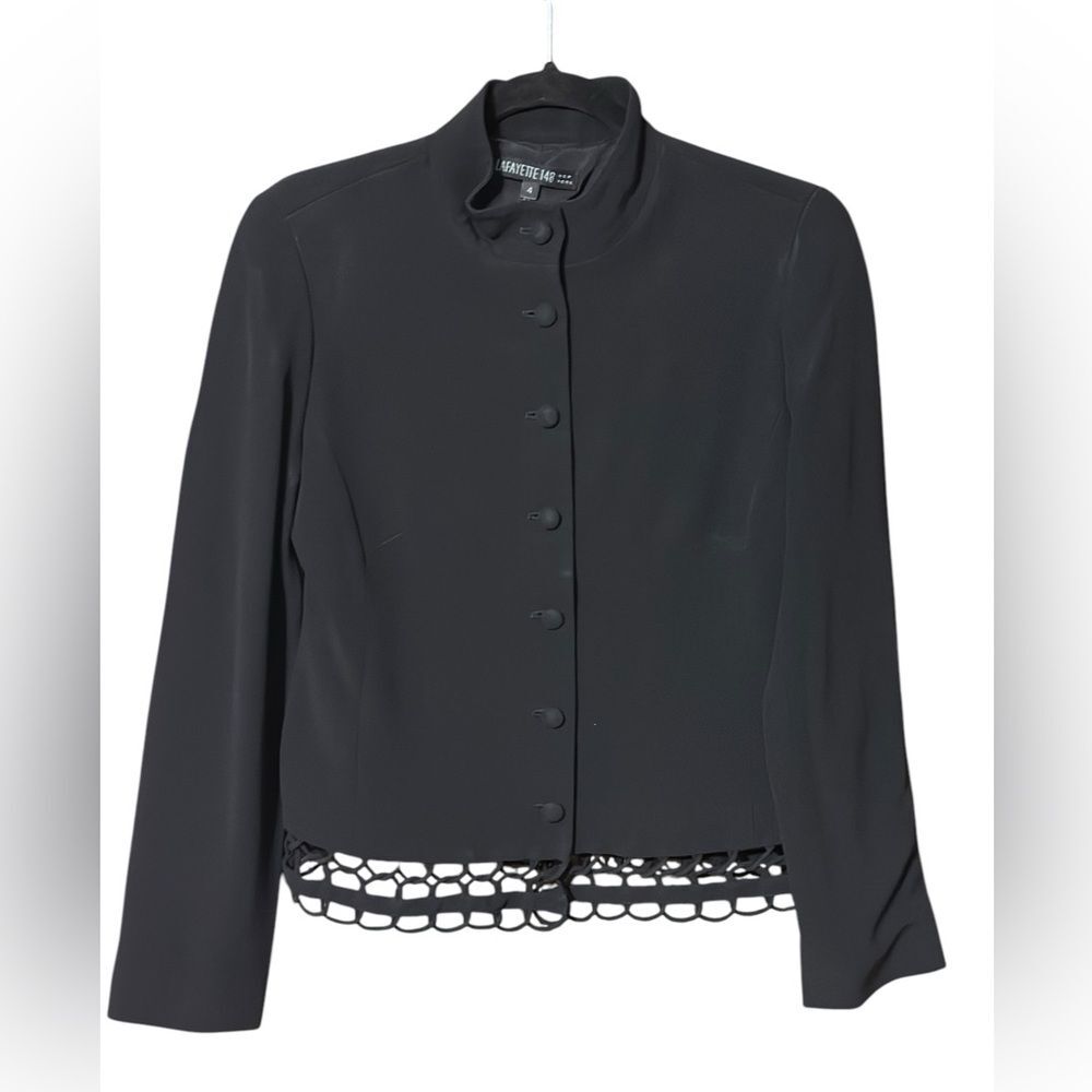Lafayette 148 New York Black Cut out Trim Button Front Blazer Size 4